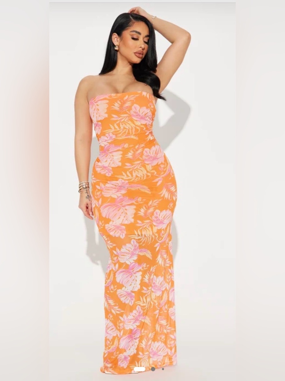 Fashion Nova Strapless Orange Floral Maxi Dress with Pink Blooms